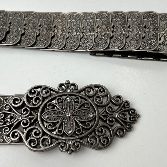 Silver-Toned Elastic Waist Belt Filigree Floral Buckle Rhinestone Goth cosplay - Picture 1 of 8